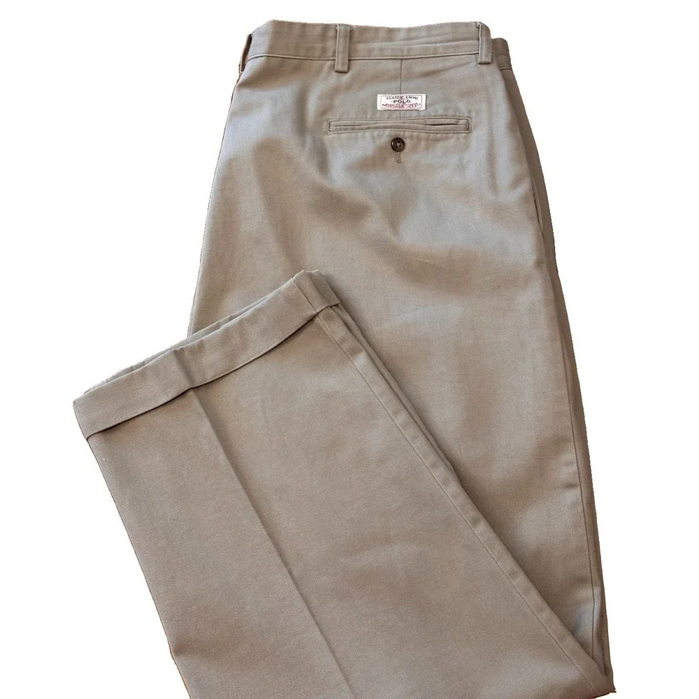 Vtg Polo Ralph Lauren 42 x 29 Khaki Cotton Twill Chino Pants/ Pleated & Cuffed